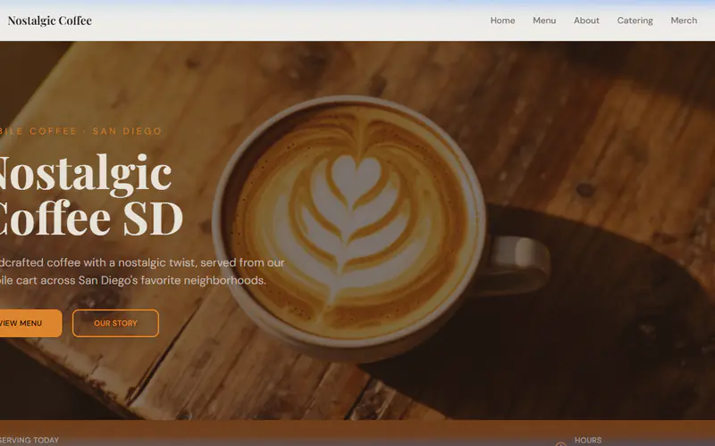 Nostalgic Coffee Co. homepage featuring a latte on a wooden table