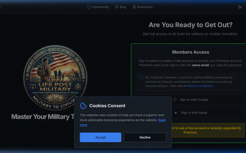 Life Post Military transition portal with veteran resource and consent panels