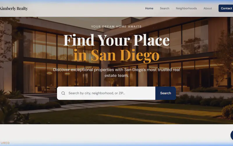 San Diego real estate homepage with a modern home and property search