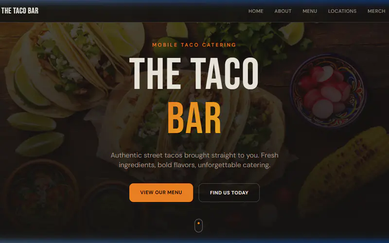 The Taco Bar homepage with a bold orange headline over a taco spread